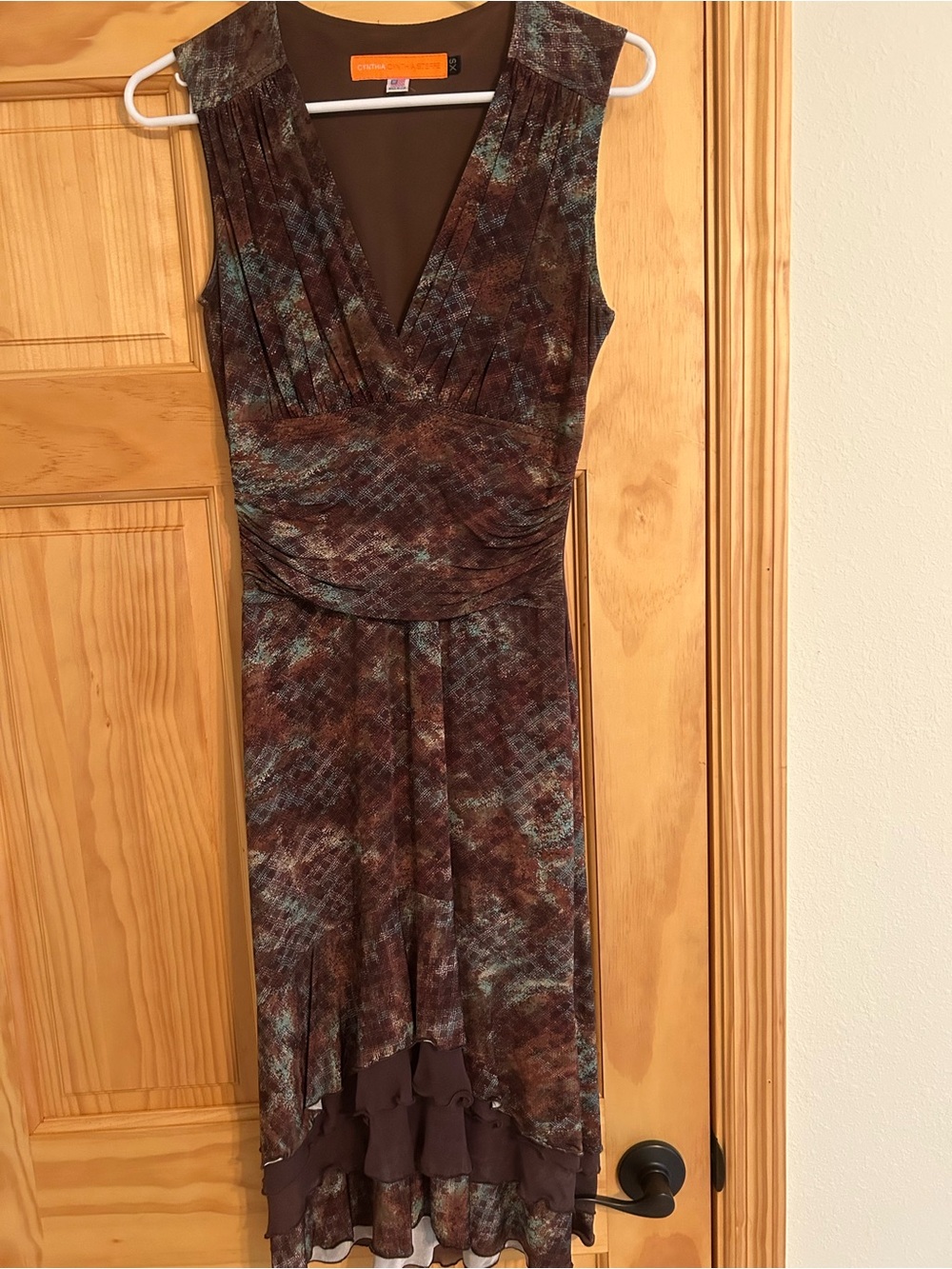 Cynthia Steffe sleeveless Midi Dress in Chocolate Brown with Teal Accents
